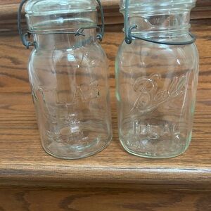 Vintage BALL IDEAL  &  ATLAS canning jars W/glass LID CLEAR QT WIRE BALE LOT/2